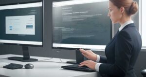 Žena ispred dva monitora s podacima – poslovna tajna