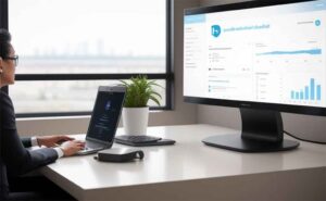 Person with laptop and monitor with social media statistics