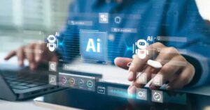 AI agent - virtual image, man typing on computer with virtual screen