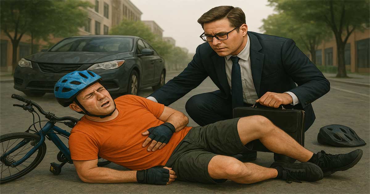 Injured cyclist receiving help from a lawyer after a bicycle accident with a car