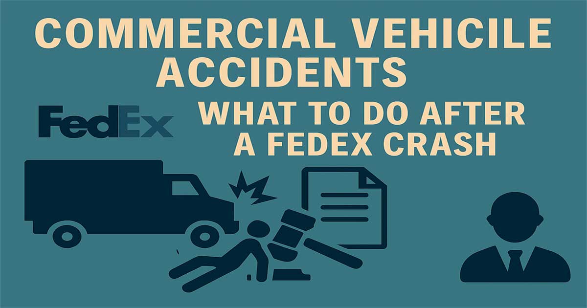 Grafika s naslovom "Commercial Vehicle Accidents – What to Do After a FedEx Crash", prikazuje FedEx kamion, ilustraciju nesreće i pravne ikone koje simboliziraju savjete za žrtve nesreća s komercijalnim vozilima.