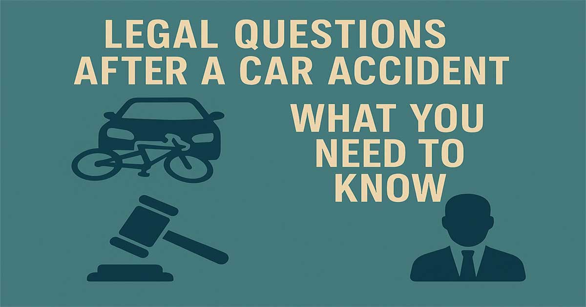 Illustration of a car accident scene with a lawyer assisting a driver, representing legal questions and personal injury claims after a crash