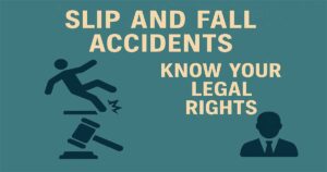 Illustration of a person slipping on a wet floor with a legal document and gavel nearby, representing legal rights and personal injury claims after a slip and fall accident