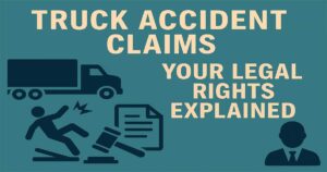 Illustration of a truck accident scene with a lawyer assisting the victim, symbolizing legal rights and personal injury claims after a truck-related crash