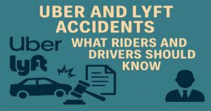 Informativna grafika o Uber i Lyft nesrećama s naslovom "Uber and Lyft Accidents – What Riders and Drivers Should Know", prikazuje ilustraciju sudara, pravne ikone i savjete za putnike i vozače.
