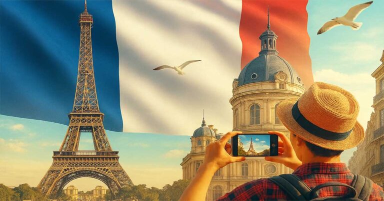 100 Essential French Phrases with Pronunciation for Tourists 2025 - Complete Travel Guide 1 ourist taking photo of Eiffel Tower with French flag backdrop - French phrases for travelers guide
